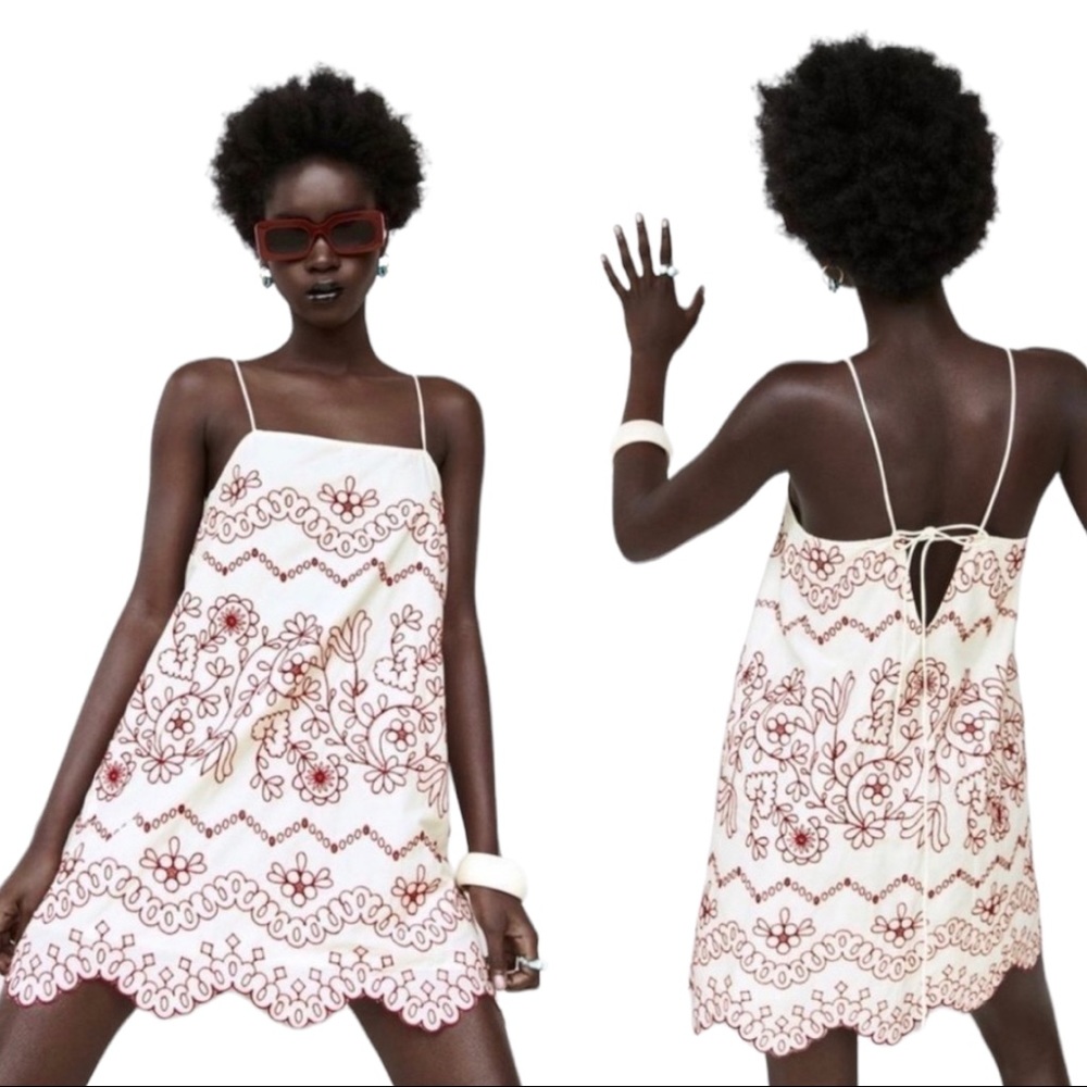 NWT✅ ZARA PETITE CREAM DRESS WITH RED EMBROIDERY DESIGN